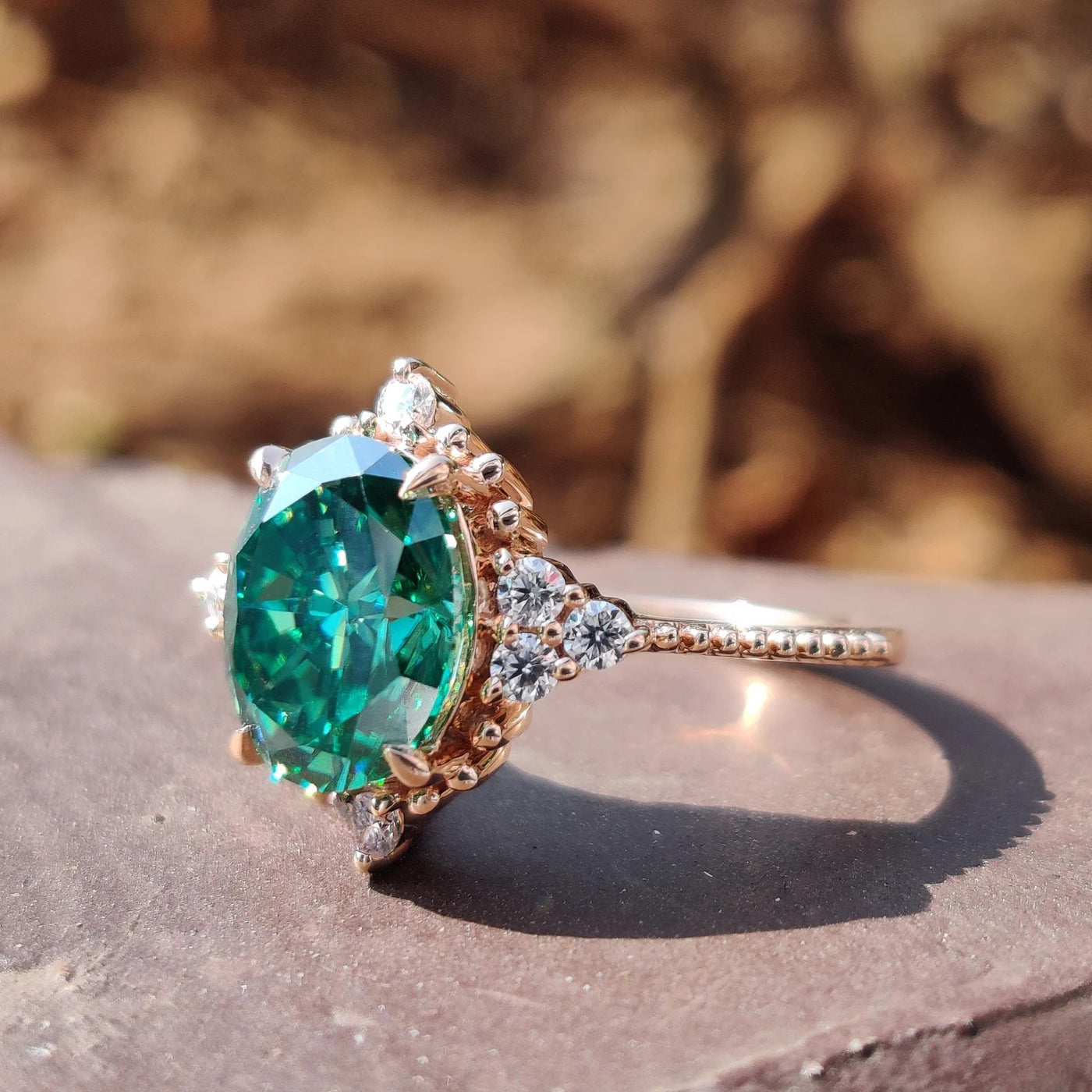 Green Oval Moissanite Silver Engagement Ring