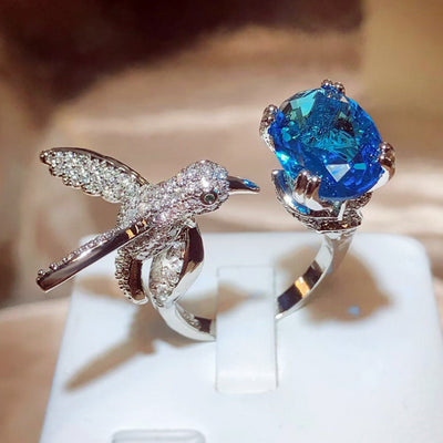 Adjustable Aquamarine-Color Hummingbird Ring – 14K Gold Plated