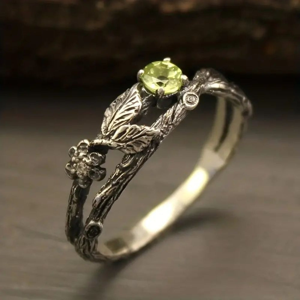 Natural Peridot Oak Leaf Silver Ring