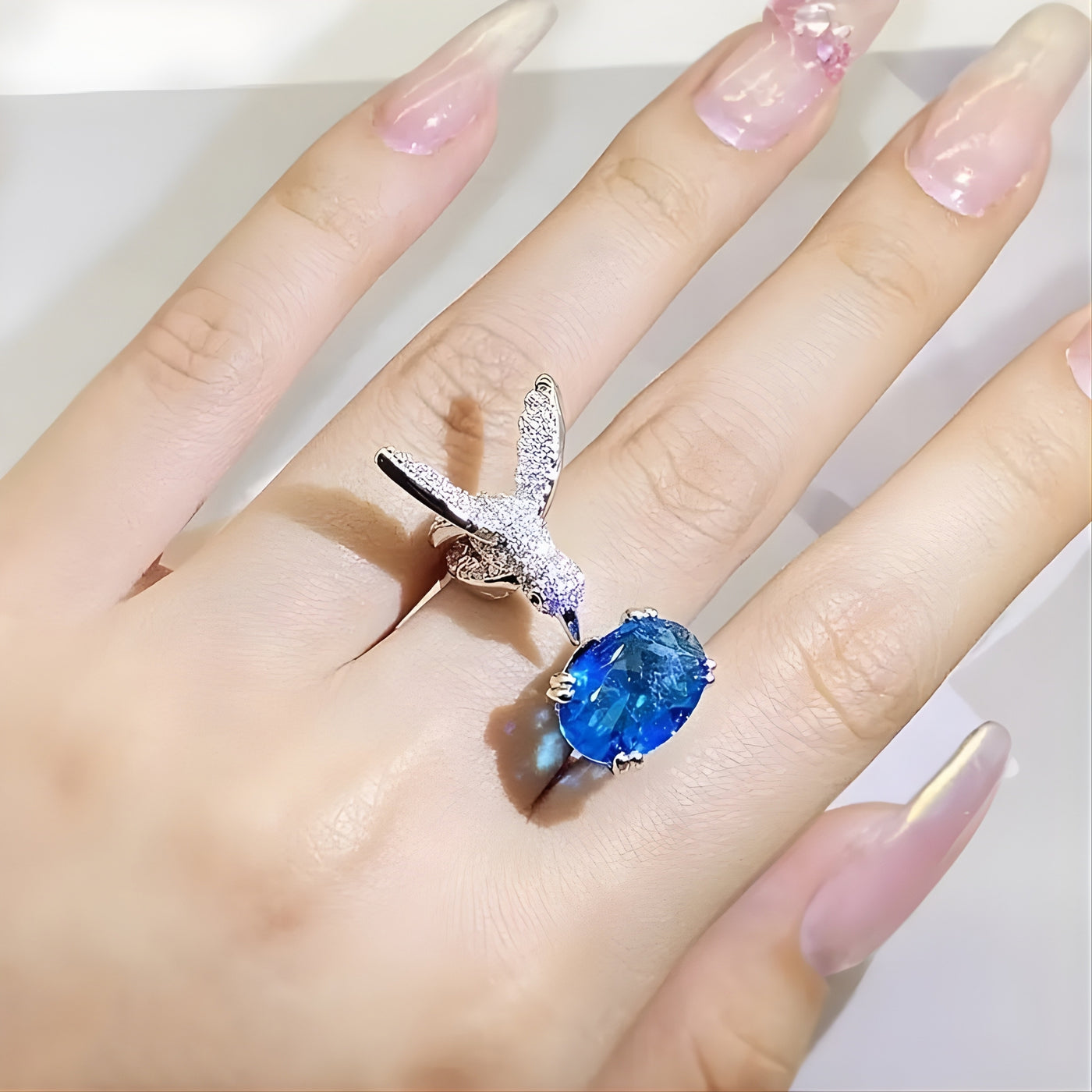 Adjustable Aquamarine-Color Hummingbird Ring – 14K Gold Plated