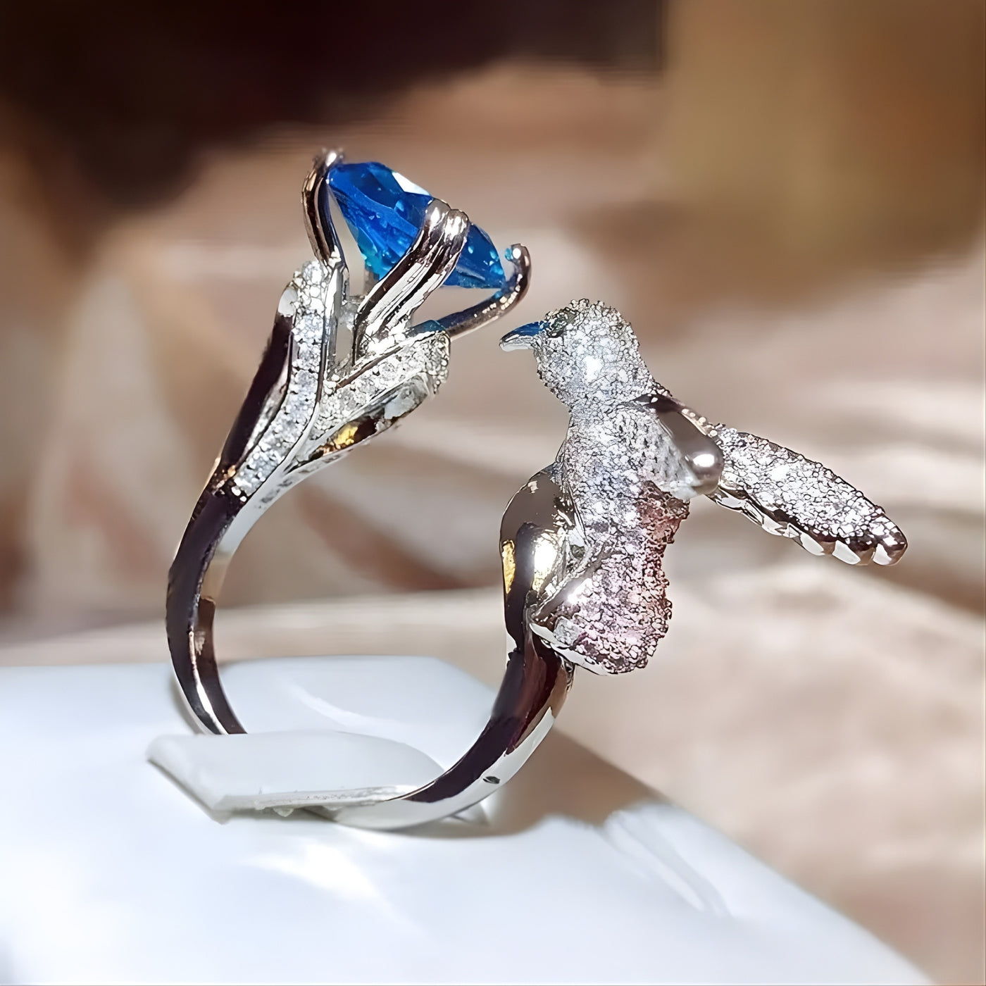 Adjustable Aquamarine-Color Hummingbird Ring – 14K Gold Plated