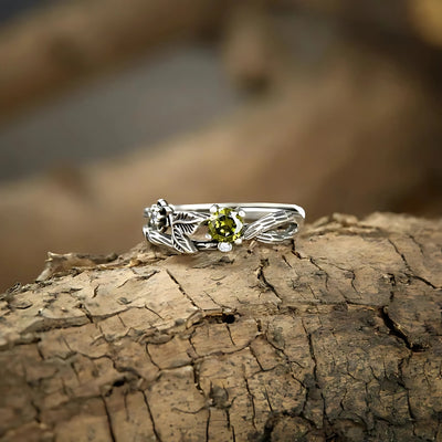 Natural Peridot Oak Leaf Silver Ring