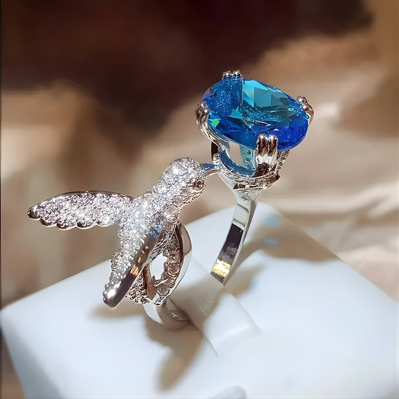 Adjustable Aquamarine-Color Hummingbird Ring – 14K Gold Plated