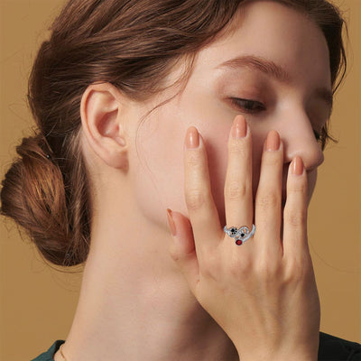 Black Paw Print Adjustable Ring With Red Gemstone