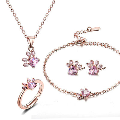 Rose Gold Paw Jewelry Set – 4 Pieces with Zirconia Heart (Ring, Necklace, Earrings, Bracelet)