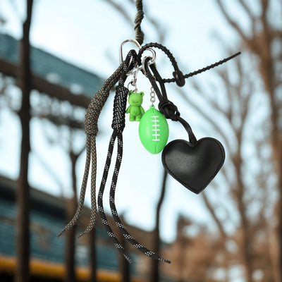 Green Rugby Teddy & Black Heart Bag Charm