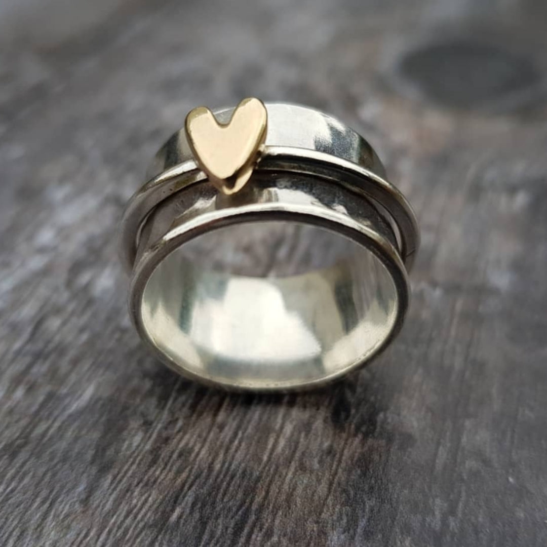 Timeless Silver Ring with Vintage Golden Heart