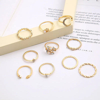 Set of 10 Boho Chic Silver & Gold Rings