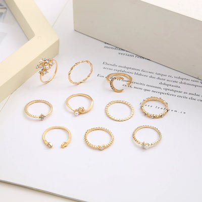 Set of 10 Boho Chic Silver & Gold Rings