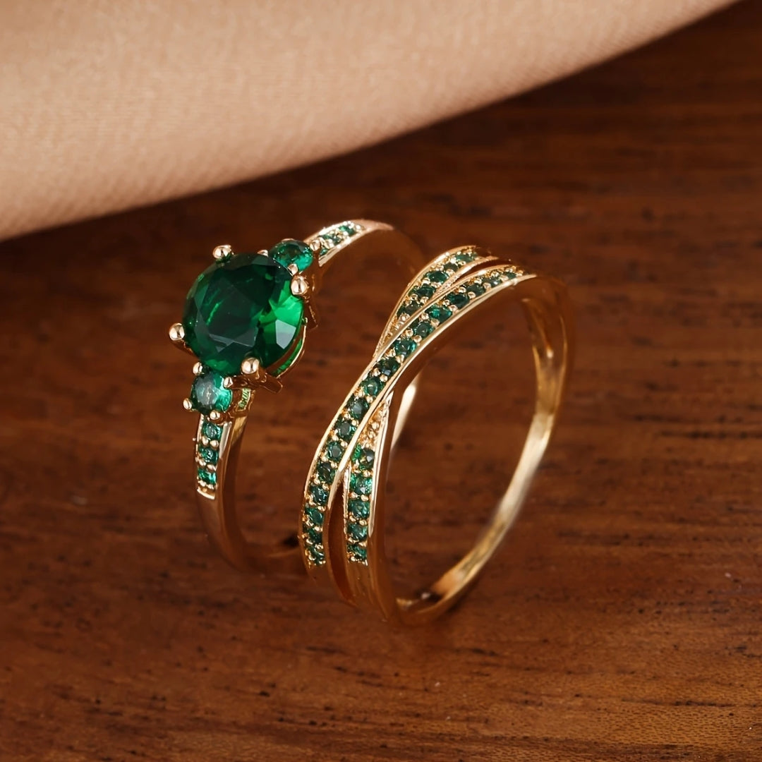 Exclusive Gold Ring Set with Green Crystals
