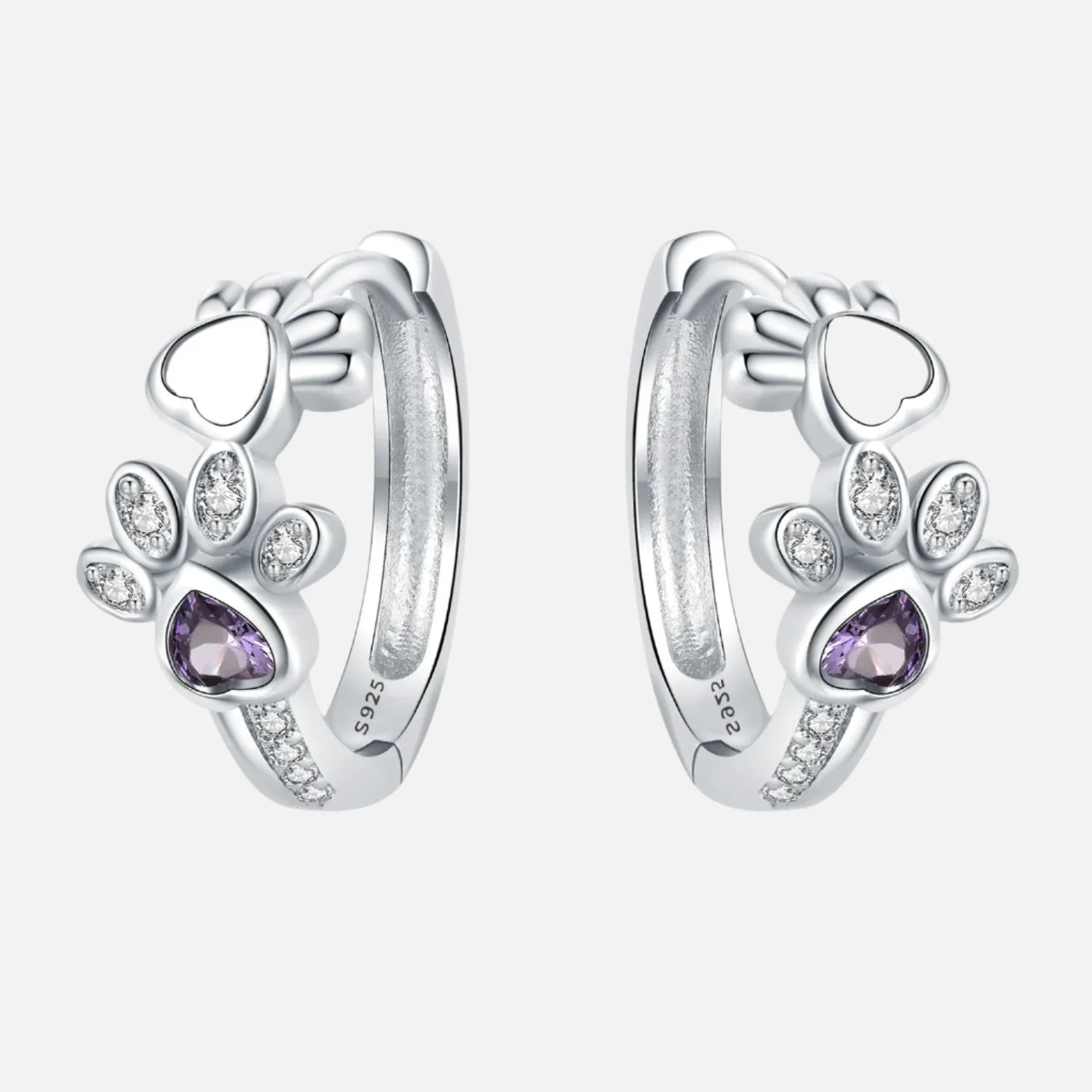 Paw Huggie Earrings in 925 Sterling Silver – With Zirconia and Heart Gem