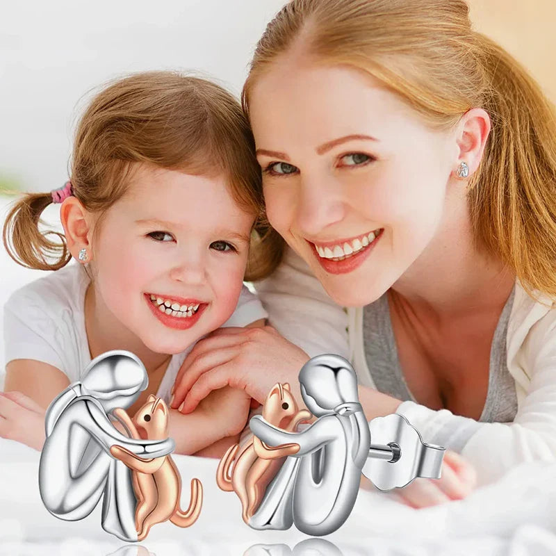 Silver and Gold Two-Tone Cat Hug Earrings