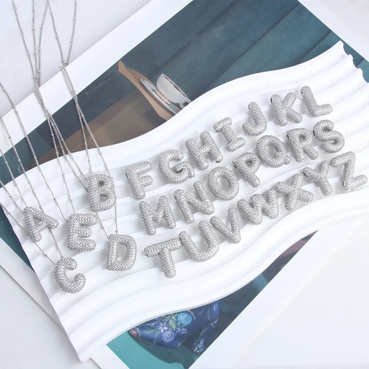 Bubble letter initial necklace set | White Gold