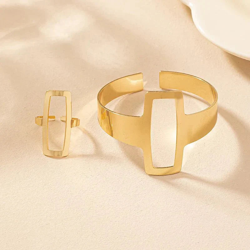 Adjustable Geometric Rectangle Bracelet and Ring Set