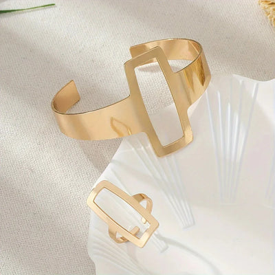 Adjustable Geometric Rectangle Bracelet and Ring Set