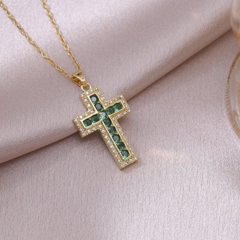 Solene Emerald Cross Pendant Necklace | Gold
