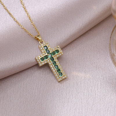 Solene Emerald Cross Pendant Necklace | Gold