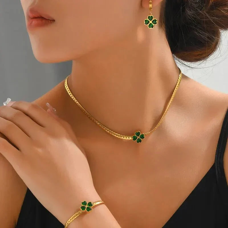Emerald Four Leaf Clover Necklace, Bracelet, and Earring Set