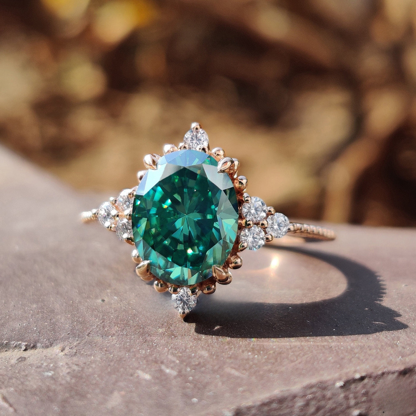 Green Oval Moissanite Silver Engagement Ring