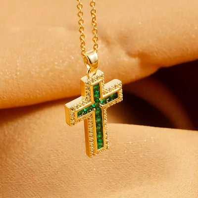 Solene Emerald Cross Pendant Necklace | Gold