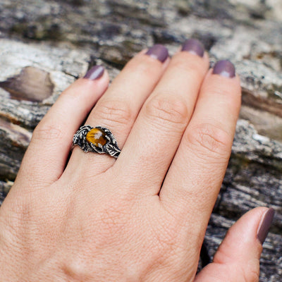 Tiger Eye Ring With Oak Leaf Design