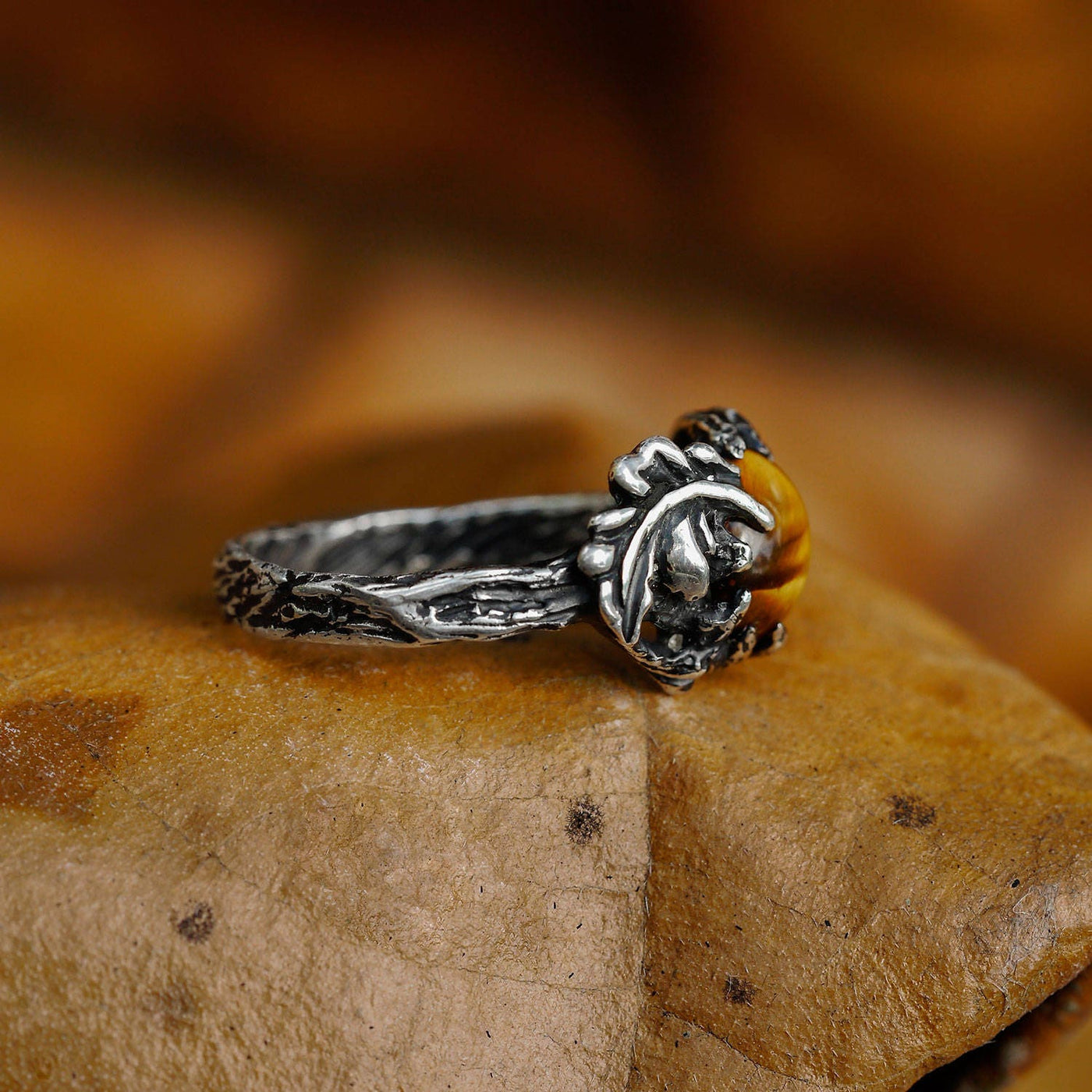 Tiger Eye Ring With Oak Leaf Design
