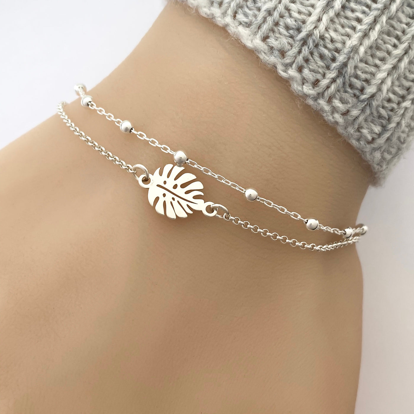 Silver Double Chain Monstera Leaf Bracelet