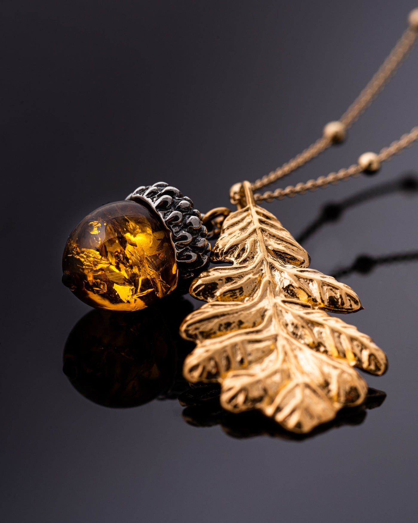 Baltic Amber Acorn&  Oak Leaf Necklace
