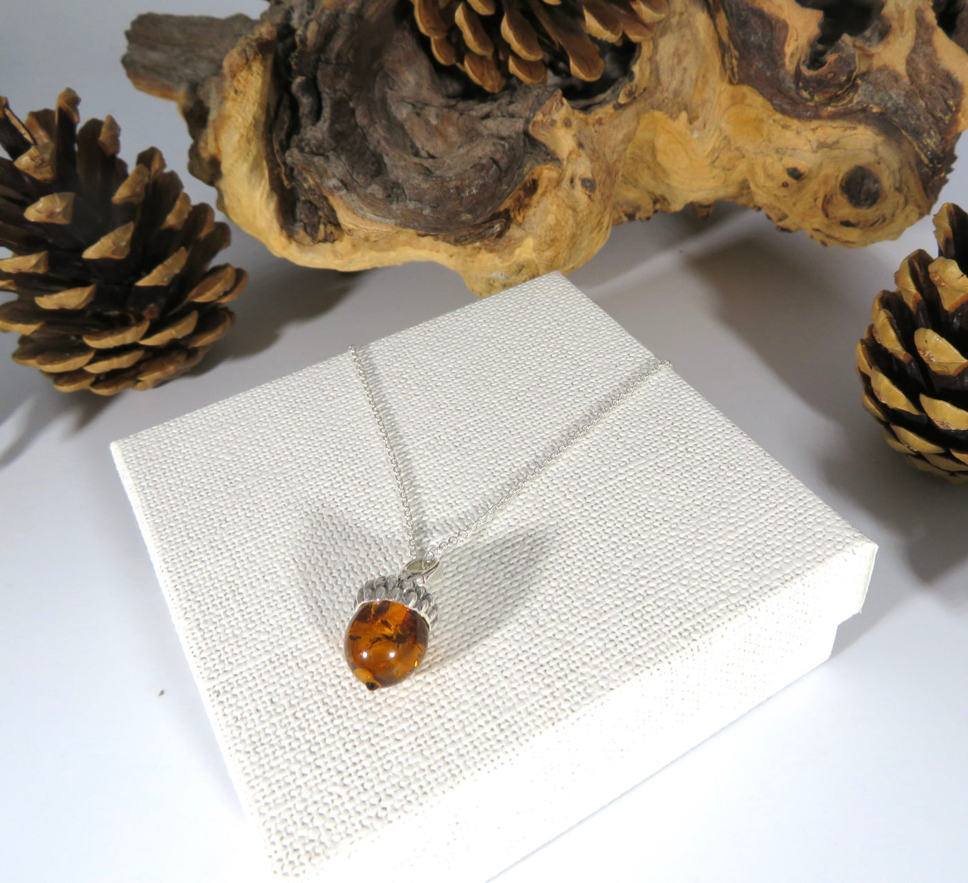 Sterling Silver Acorn Amber Necklace