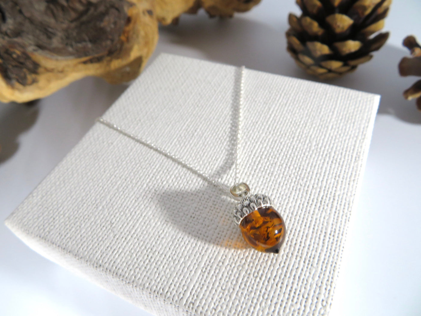 Sterling Silver Acorn Amber Necklace