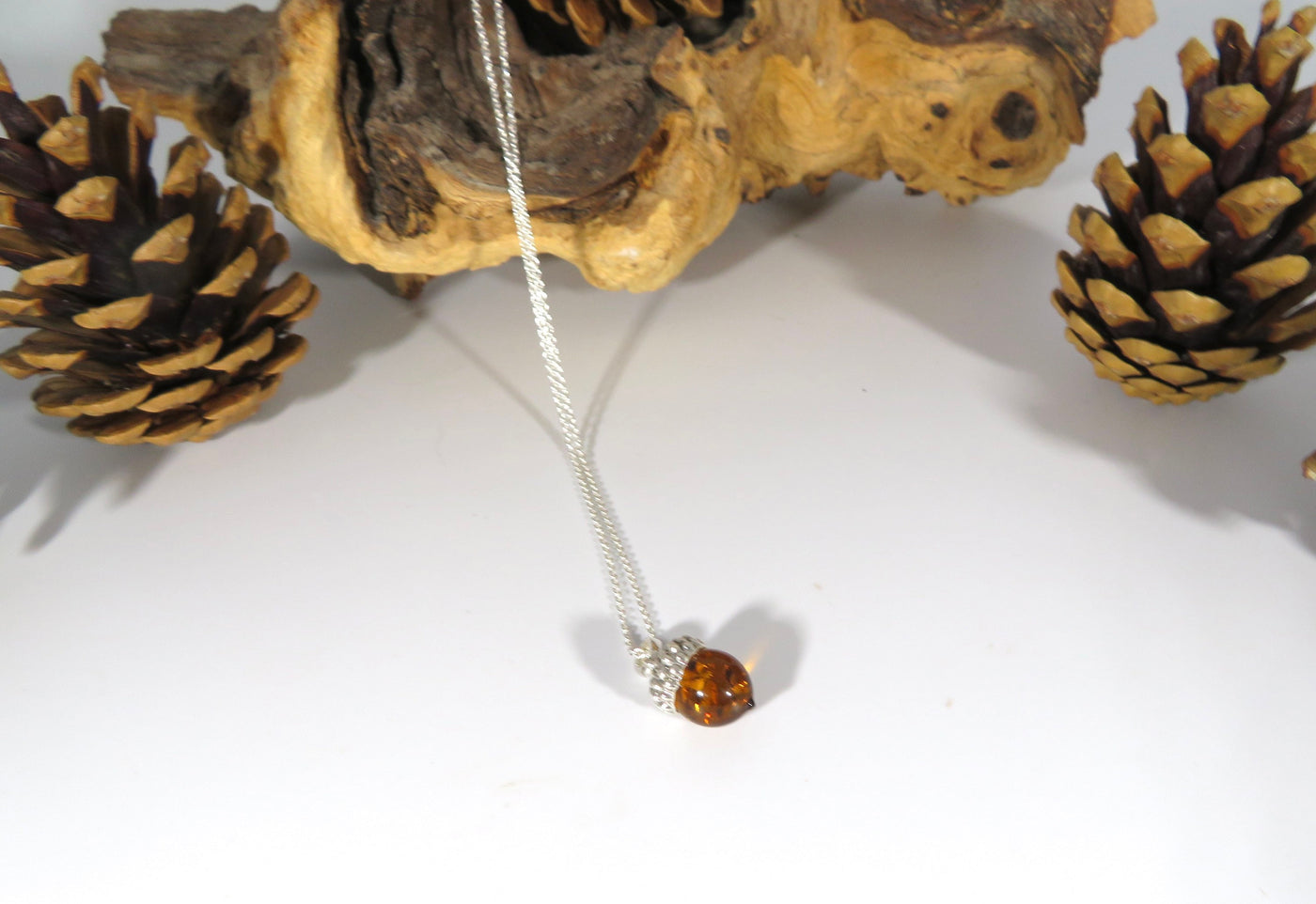 Sterling Silver Acorn Amber Necklace