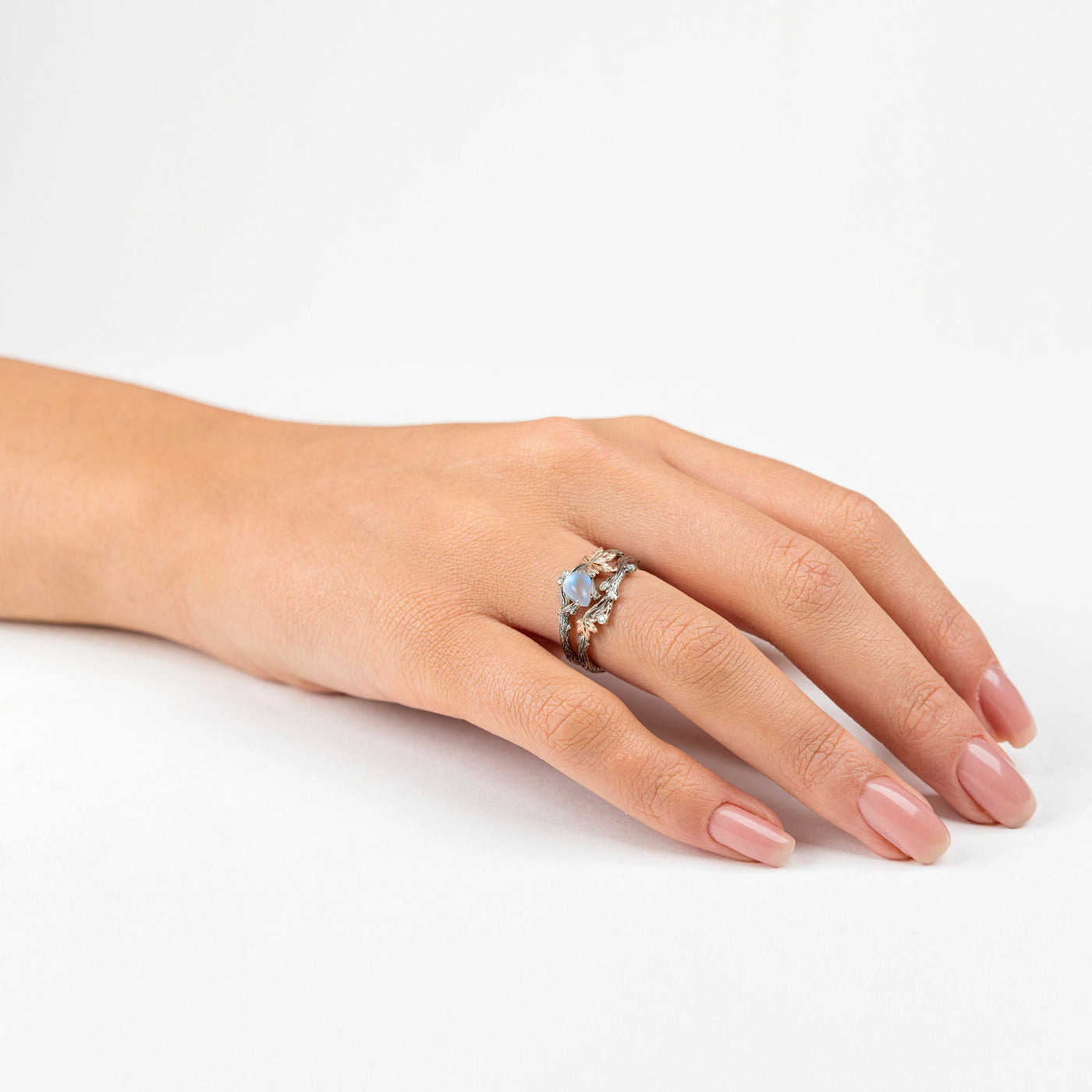 Twig And Leaf Moonstone Engagement Ring