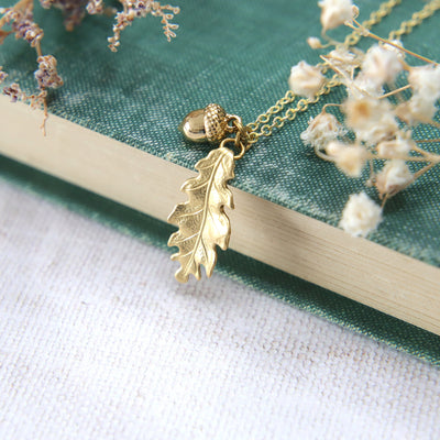 Golden Brass Oak Leaf & Acorn Necklace