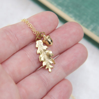 Golden Brass Oak Leaf & Acorn Necklace