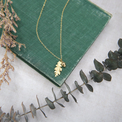 Golden Brass Oak Leaf & Acorn Necklace