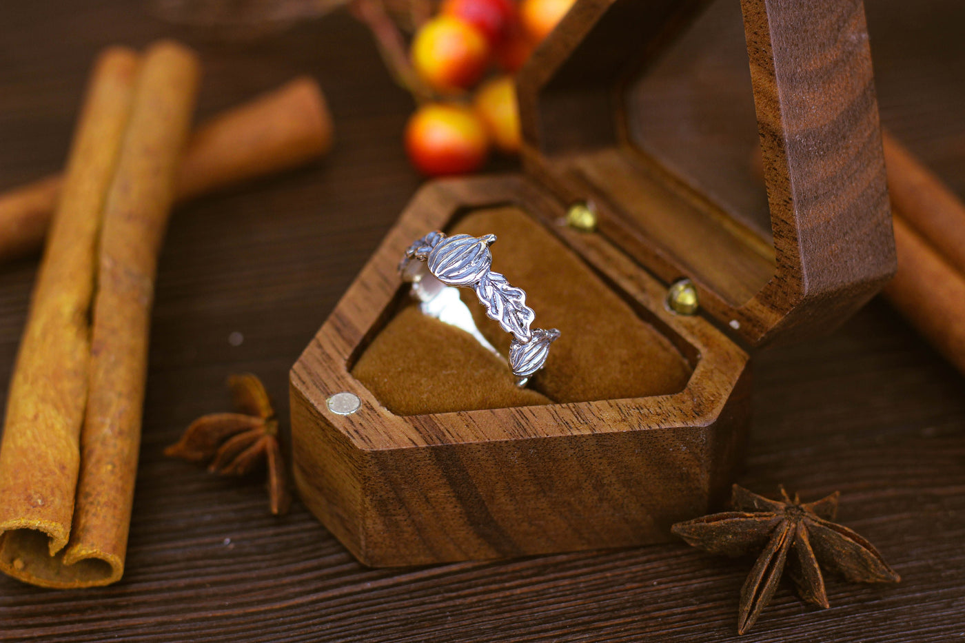 Pumpkins And Oak Leaves Silver Gothic Ring