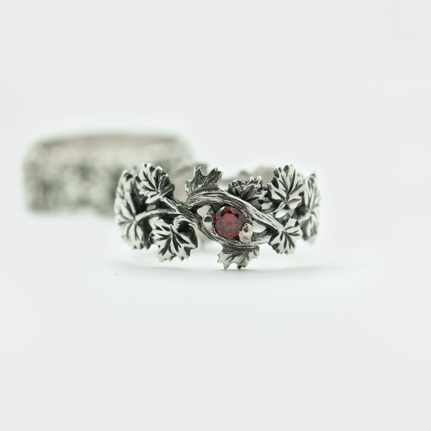 Oxidized Sterling Silver Maple Leaf Ring: Red Cubic Zirconia