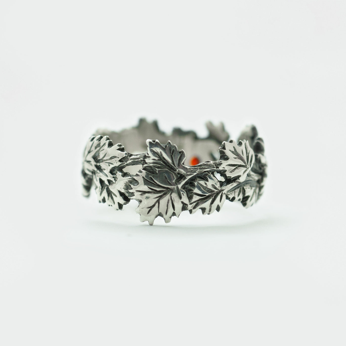 Oxidized Sterling Silver Maple Leaf Ring: Red Cubic Zirconia
