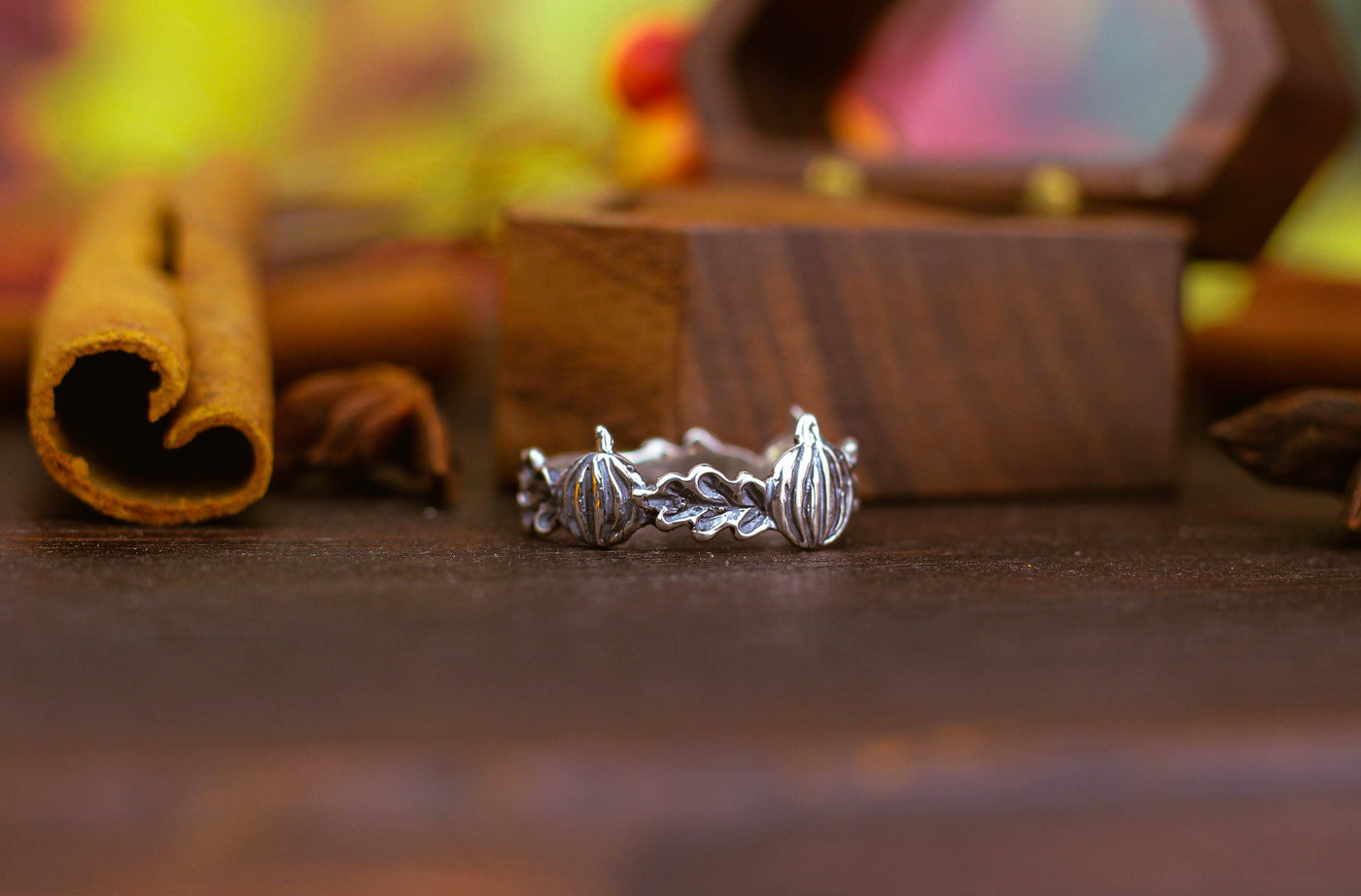 Pumpkins And Oak Leaves Silver Gothic Ring