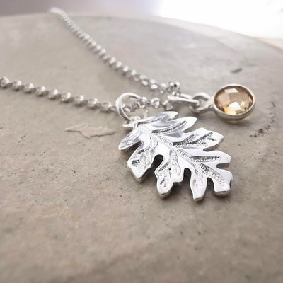 Sterling Silver Acorn Leaf & Gemstone Necklace