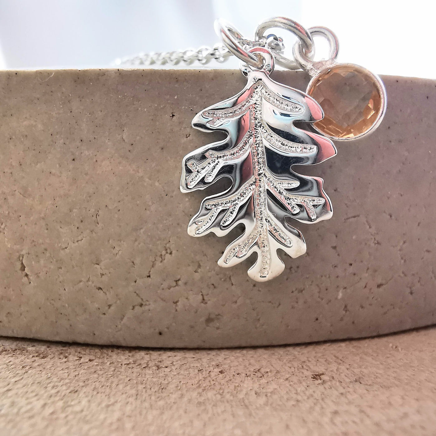 Sterling Silver Acorn Leaf & Gemstone Necklace