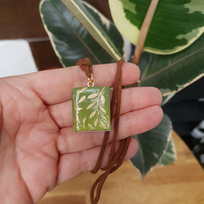 Polymer Clay Leafy Book Pendant Necklace