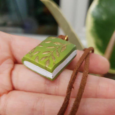 Polymer Clay Leafy Book Pendant Necklace