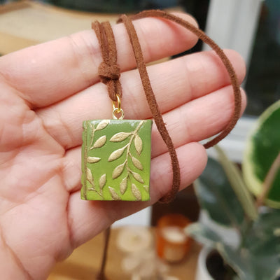 Polymer Clay Leafy Book Pendant Necklace