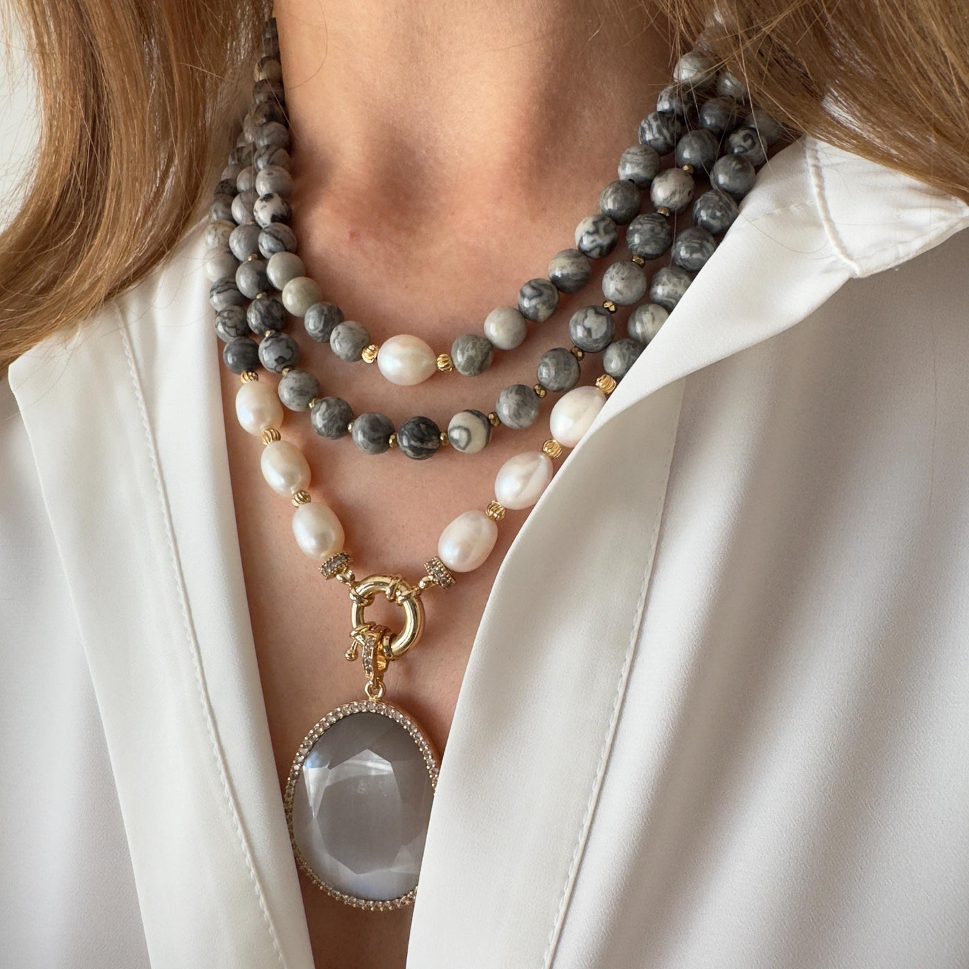 Multistrand Jasper Real Pearl Necklace