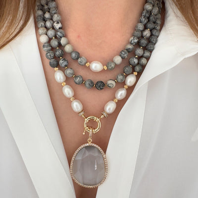 Multistrand Jasper Real Pearl Necklace