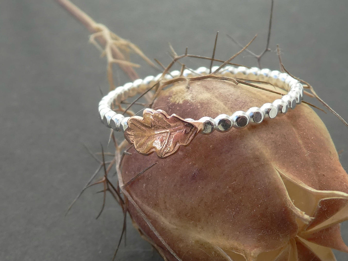 Handmade Dainty Copper Oak Leaf Silver Ring