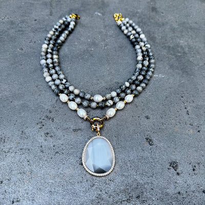 Multistrand Jasper Real Pearl Necklace
