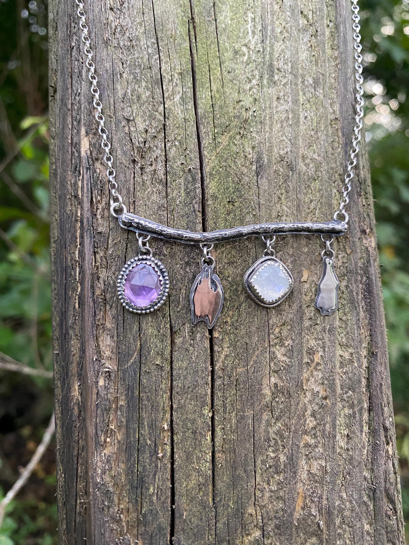 Amethyst Moonstone Hanging Bat Silver Necklace