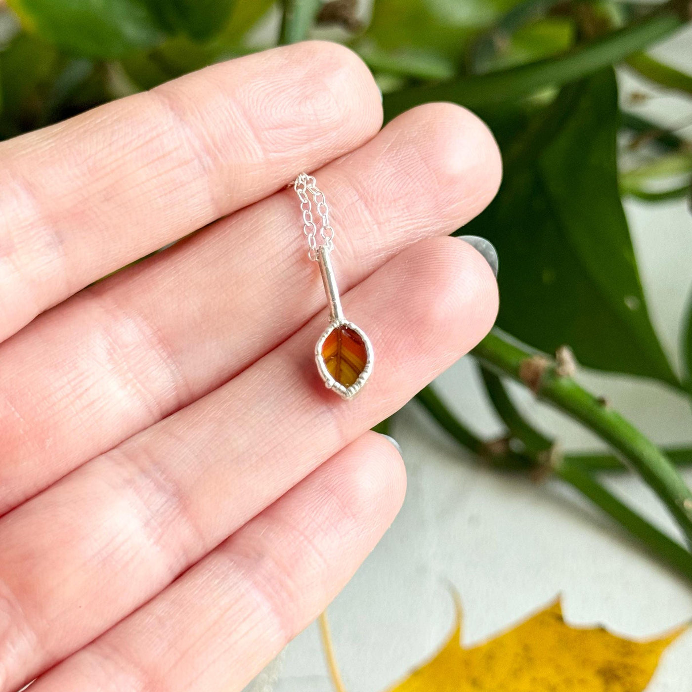 Tiny Silver Glass Leaf Necklace